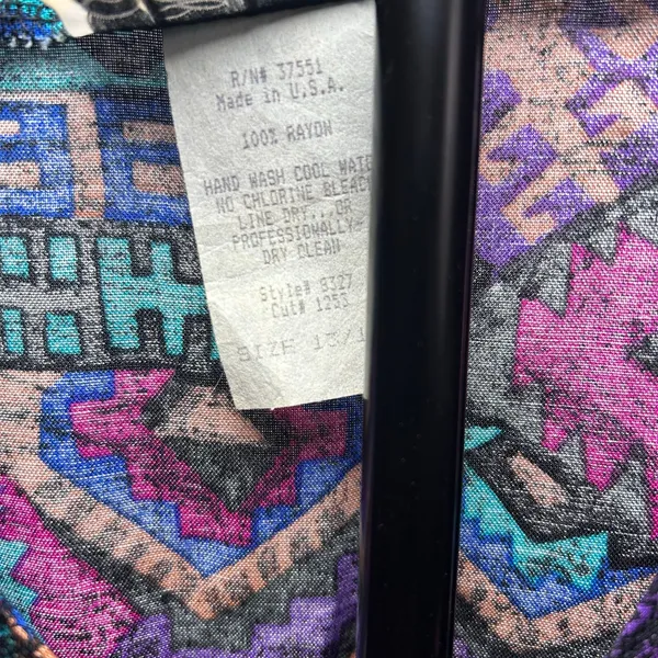 VTG En Focus Geometric Jumpsuit Purple L Rayon Southwestern Boho 90s USA Made - Image 15