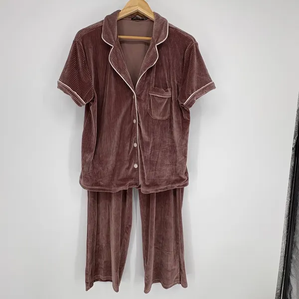 Tart Intimates Pajama Set Women Large Mauve Ribbed Velvet Short Sleeve Button Up - Image 4