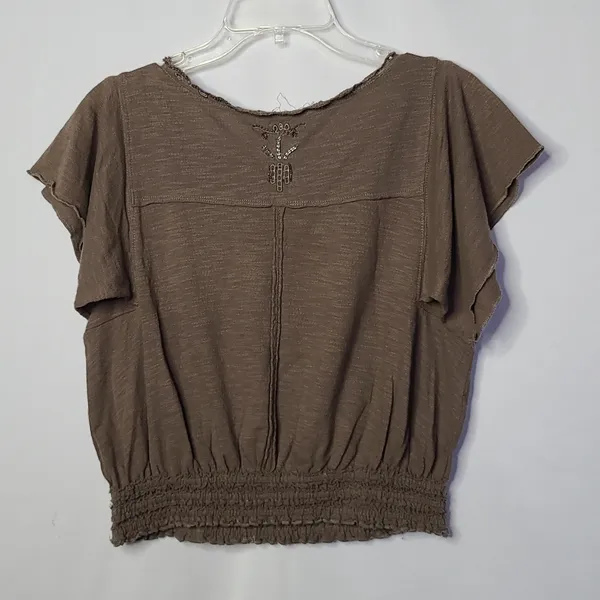 Free People slub embellished green gray crop top blouse sz Small - Image 7