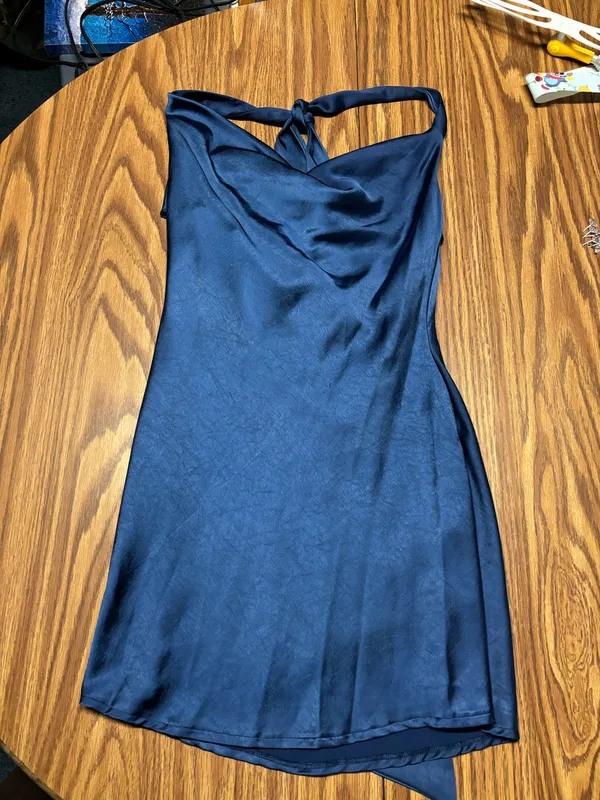 Navy Blue Satin Mini Dress Size XS - Image 2