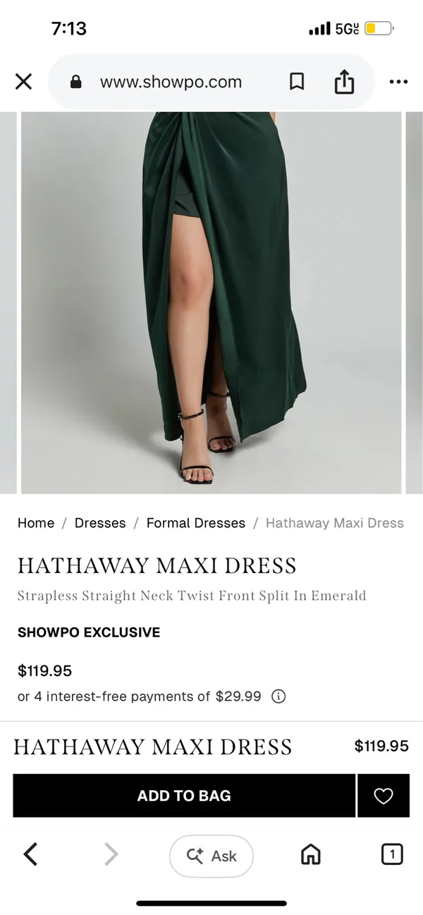 Showpo New Hathaway Maxi Dress Strapless Straight Neck Twist Front Split Emerald Large - Image 5