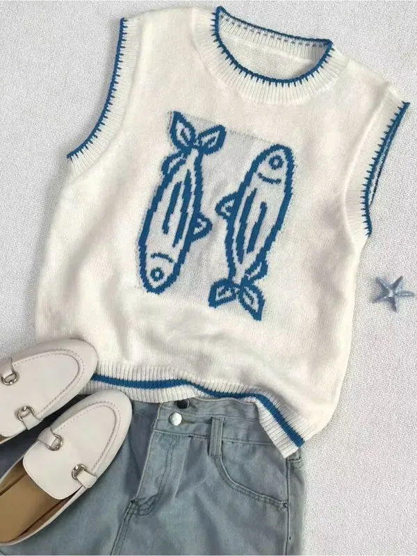 White & Blue Fish Knit Sleeveless Vest - Casual Summer Layer EUC - worn once - Image 2