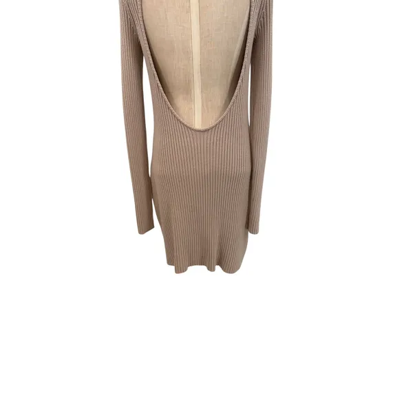 LPA Naolin Taupe Rib Knit Open Back Collared Bodycon Mini Dress‎ Size Medium - Image 11