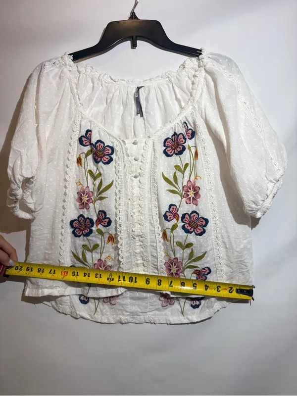 Anthropologie Embroidered Puff Sleeve Swing Blouse Boho Cotton Top Size XS - Image 4