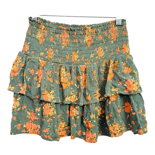 224 | Aerie Womens XS Smocked‎ Tiered Ruffle Floral Mini Skirt Green Orange - Image 2