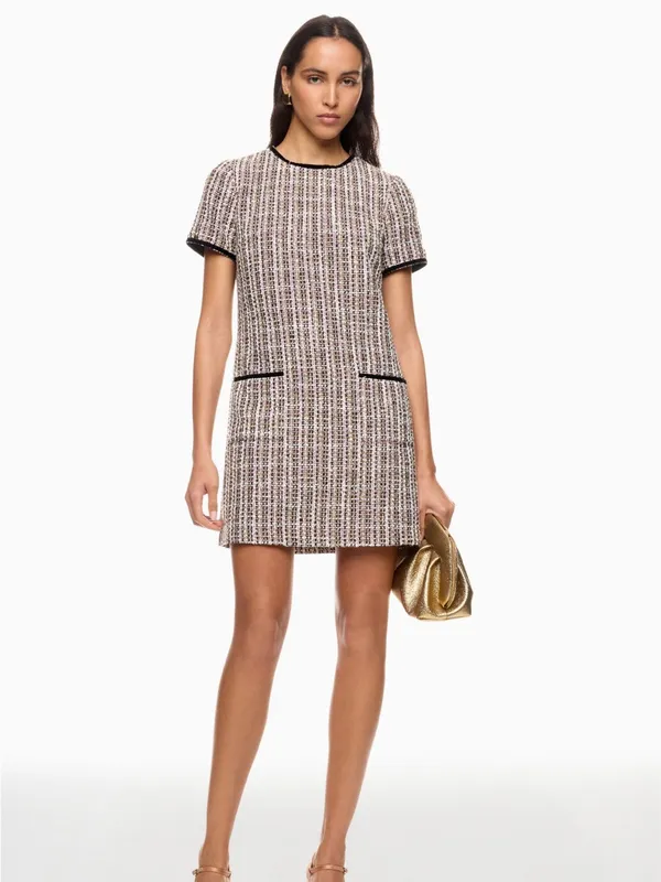 CeCe Tweed Shift Dress with Patch Pockets, Black/Pink/Gold/White, Size 4 - Image 2