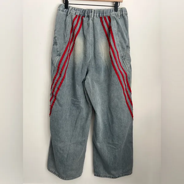 BH Grunge wide leg Baggy Jeans Red Stripes retro loose patchwork hip hop L - Image 3