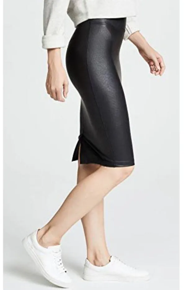 Spanx Faux Leather Pencil Skirt Very Black High-Waist Shiny Stretchy Edgy Midi - Image 7