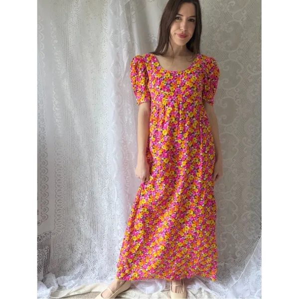 Vintage 70s Handmade Floral Puff Sleeve Maxi Dress Empire Waist Cottagecore - Image 10