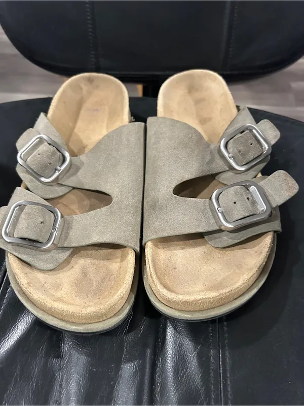 Zara Taupe Suede Double Buckle Slide Sandals - Image 3