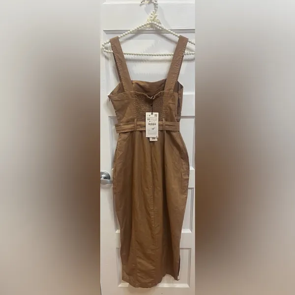 Zara brown linen-blend midi dress with matching belt and Slit Size XS - Image 3