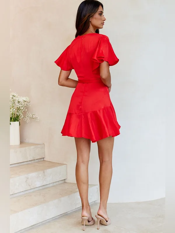 $99 NWOT Selfie Leslie Cami Angel Sleeve Faux Wrap Dress Red S - Image 2