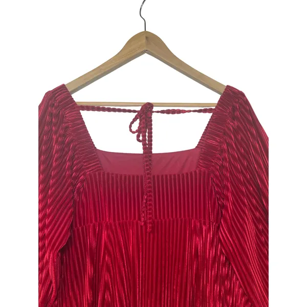 Red Pleated Velvet Mini Dress Square‎ Neck Lantern Sleeve Holiday Boho Party L - Image 11