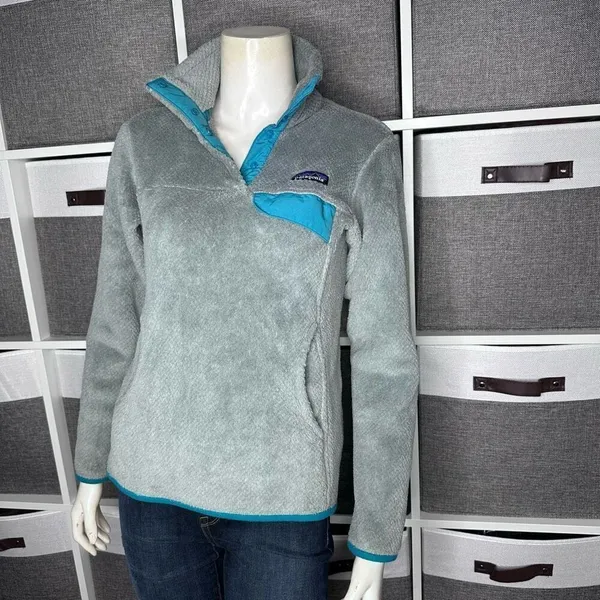 Patagonia Re-Tool Snap T Fleece Pullover Gray Teal Quarter Snap Kangaroo Pocket - Image 3
