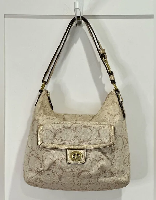 Coach Signature Penelope Purse Linen Leather Crossbody Shoulder Bag Cream Gold - Image 2