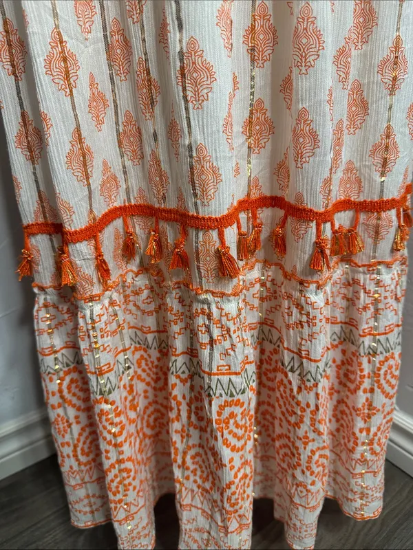 Me 2 Magic Boho Maxi Dress Orange White Embroidered V-Neck Fringe. - Image 8