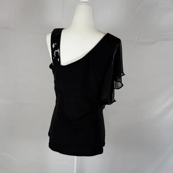 Studio Y Y2K Womens Black One Shoulder Sequin Strap Ruffle Mesh Sleeve Top Large - Image 2