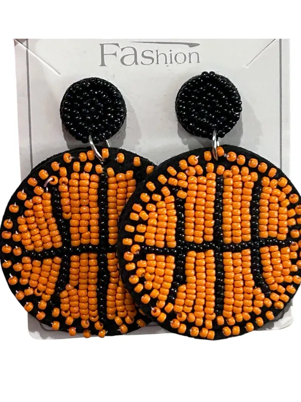 Handmade Beaded Basketball Statement Earrings Orange Black New - Image 3
