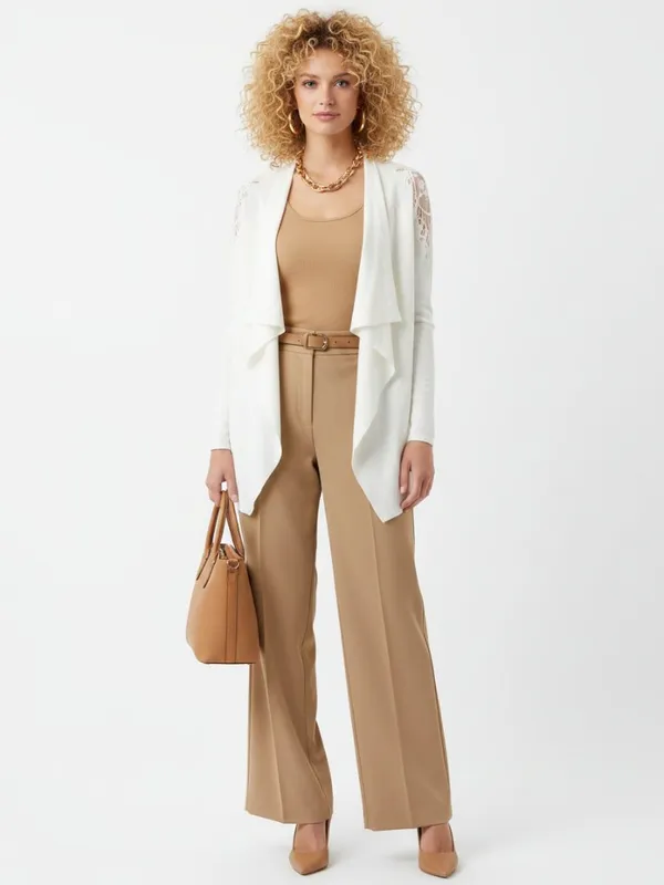 Limited Ivory Long Sleeve Crochet Accent Open Drape Front Cardigan Sweater M - Image 6