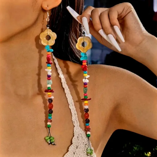 Boho-Chic Acrylic Resin Colorful Beaded Tassel Earrings with‎ Flower Charms - Image 12