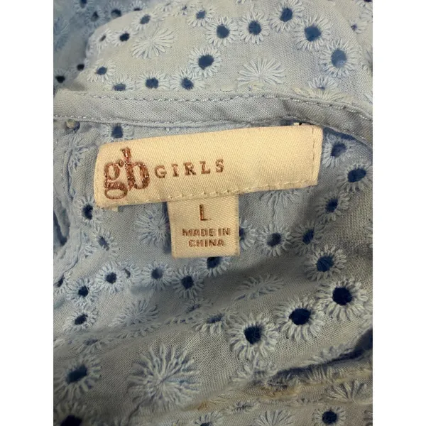GB Eyelet Lace Mini Dress Womens L Light Blue Braided Tie Waist Long Sleeve Boho - Image 12