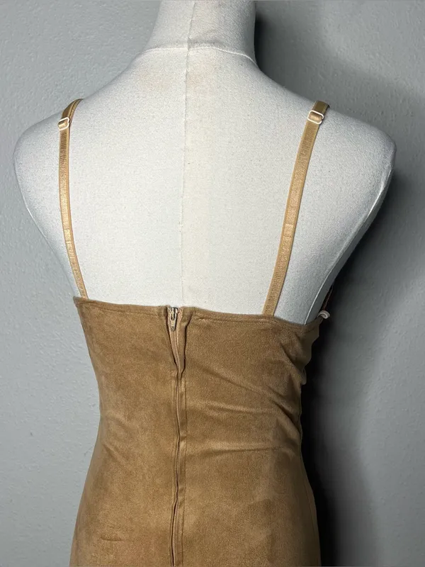 Y2K Vintage Camel Brown Faux Suede V Neck Sheer Lace Trim Bodycon Dress Fairy - Image 4