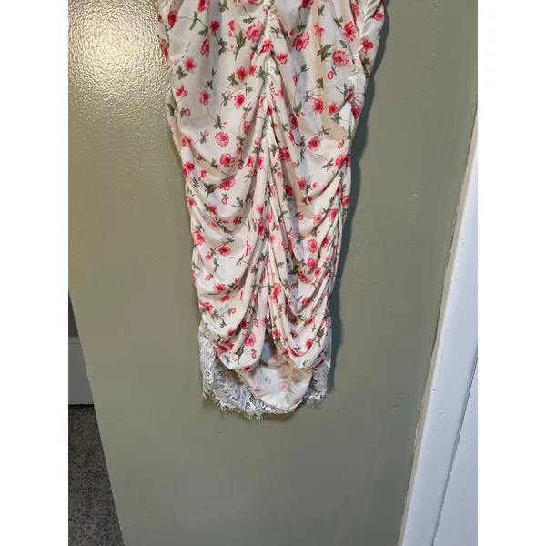 Women's Sz Medium Lace Edge Floral Print Slip Dress White Pink V-Neck Sheer Mini - Image 10