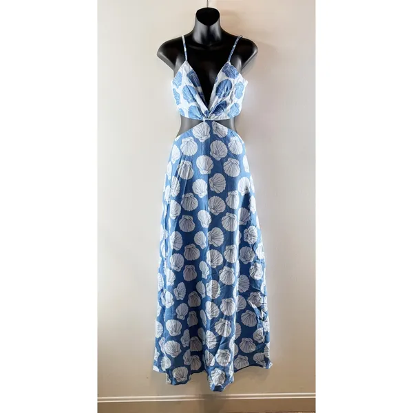 Abercrombie Julia Cutout Tie Back Shell Print Linen Blend Maxi Slip Dress Blue - Image 2