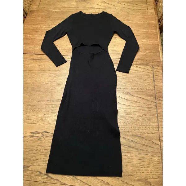 Women's Black Solid Ribbed Knit Maxi Dress Long Sleeve Crew Neck Regular M - Image 2