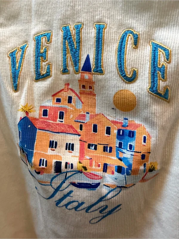 Mighty Fine White Tank Top with Blue Trim and Venice Italy Graphic size L - Image 2