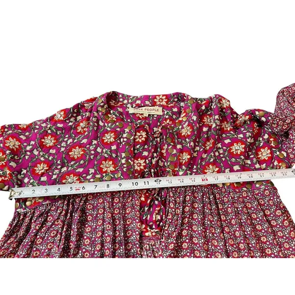 Free People Boho Floral Peasant Top M Purple Red Tie Up Studded Beaded Rayon - Image 11