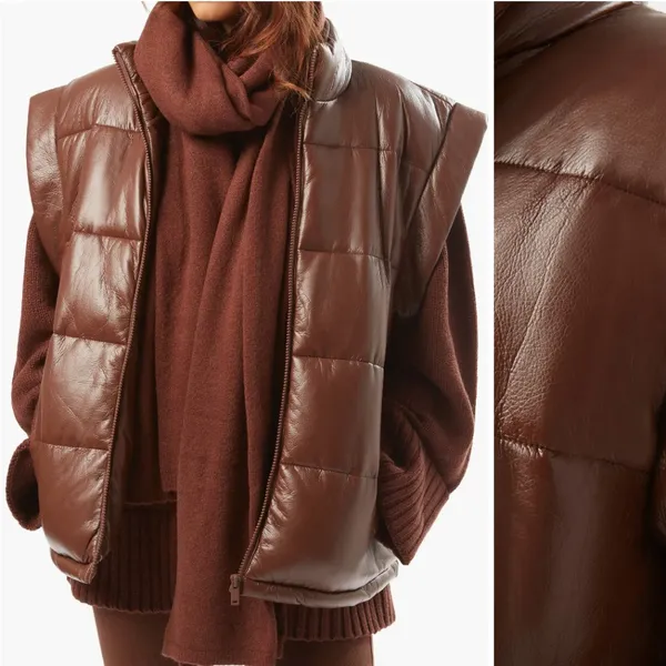 NWT We Wore What Snap-Off Sleeve Faux Leather Puffer Jacket Chocolate Brown XS - Image 3