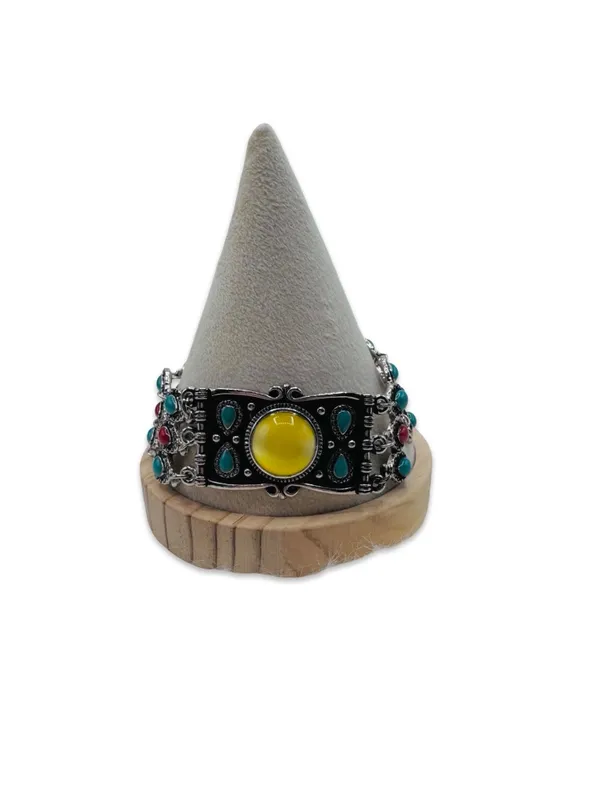 Boho Southwestern Multi-Stone Statement Bracelet Yellow Cabochon Silver Tone - Image 4