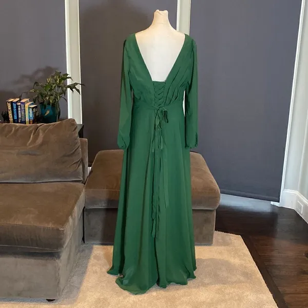 Women’s Green Chiffon Full Length Long Sleeve Dress Corset Back Leg Slit Size 12 - Image 4