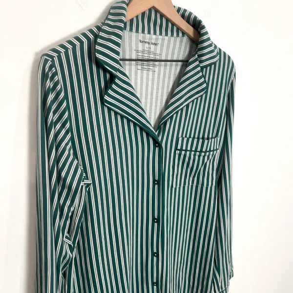 Tommy John Green Striped Women's Pajama Top Long Sleeve Button Down - Image 5