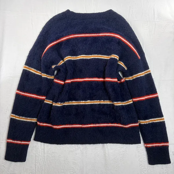Forever 21 Striped Faux Fur Sweater Women's M Navy Fall Normcore Indie Retro Y2K - Image 2