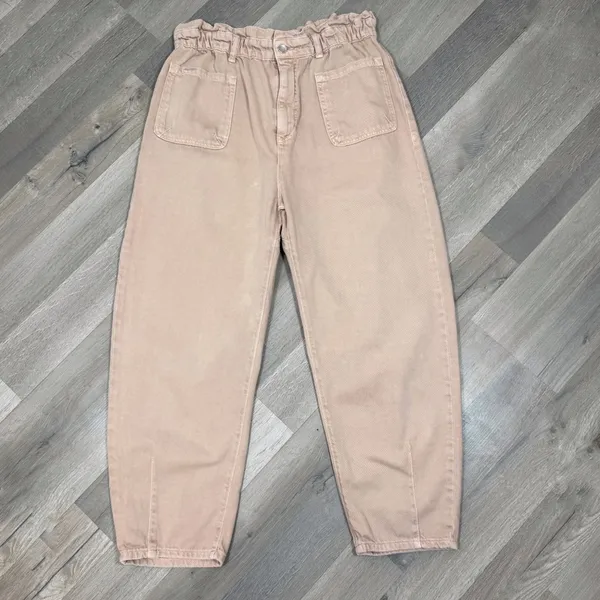 Zara High Rise Barrel‎ Leg Paper Bag Crop Jeans Baggy Beige Peach 12 - Image 3