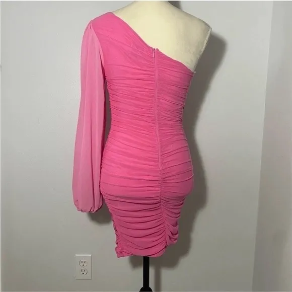 Hello Molly Pink One Shoulder Ruched Mini Dress Long Sleeve Bodycon‎ Party - Image 3