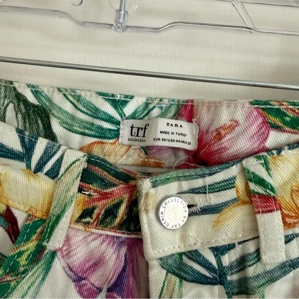 Zara Floral Tropical Print Wide-Leg Jeans - White with Green, Pink, Yellow - Image 2