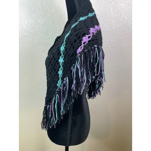 Womens Handmade Free Size Crochet Shawl Black Teal Purple Fringe Boho Wrap Layer - Image 3