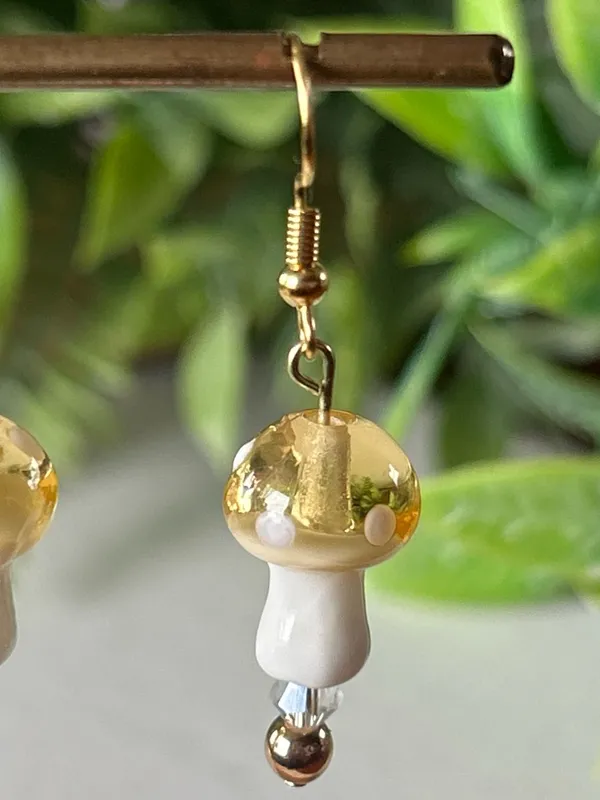 Handmade yellow mushroom + hematite drop earrings in gold - Image 2