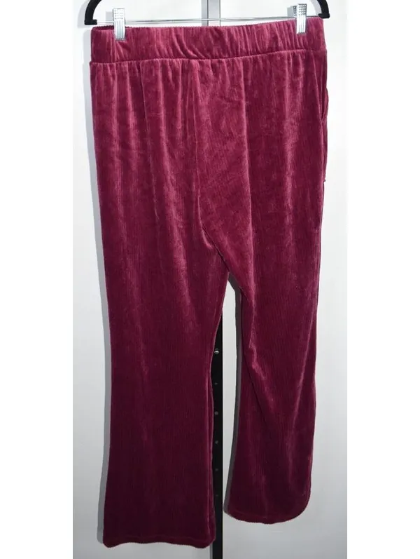 Time and Tru Velour Pants SZ M Burgundy Ribbed Velvet Flare Leg Loungewear - Image 2