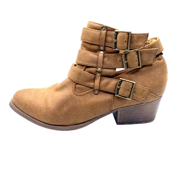 Coconuts by Matisse Steampunk Ankle Booties Size 7.5 Buckle Boots Block Heel Light Brown Western - Image 3