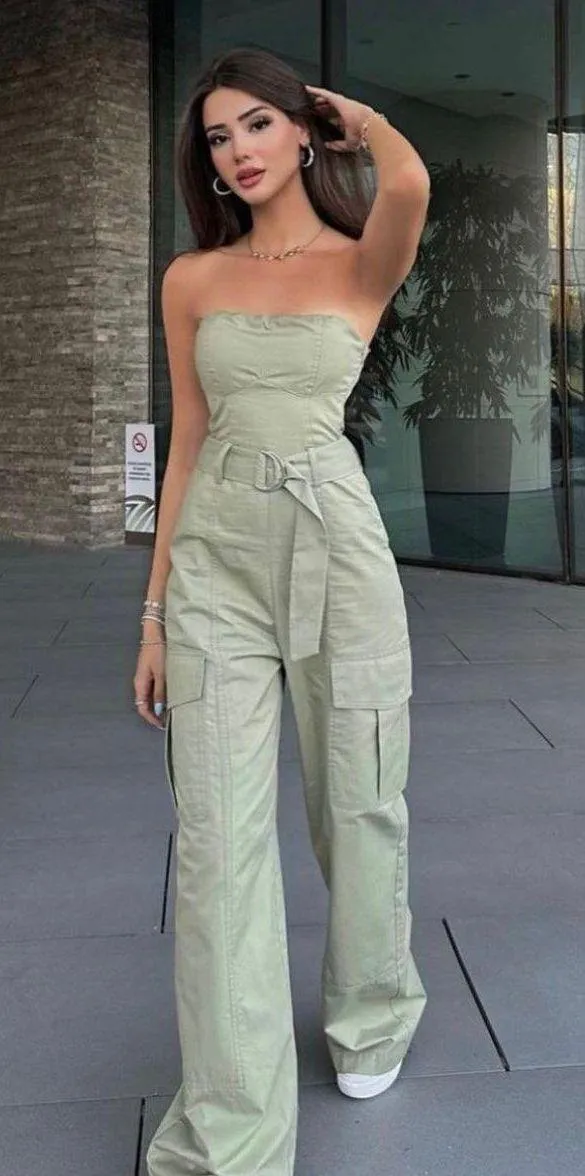 ZARA jumpsuit technical fabric cargo sleeveless wide streight leg light khaki - Image 4