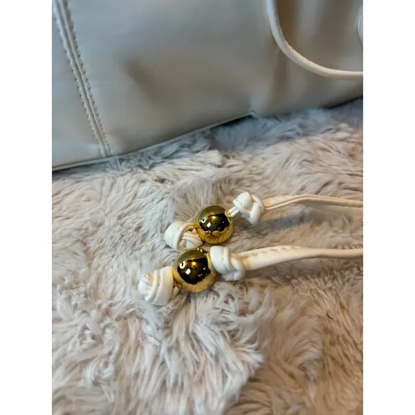 Cream Faux Leather Large Tote Bag Gold Bead Drawstring Shoulder Bag Minimalist - Image 4