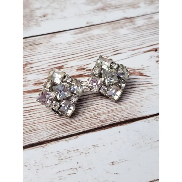 Vintage Clip On Earrings - 7/8" Clear Gems - Image 2