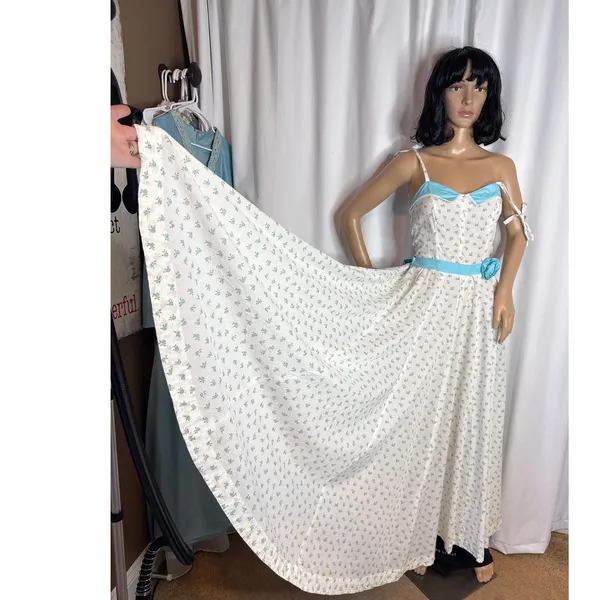 Vintage 1960s White Blue Floral Prairie Maxi Dress XS/S Talon Zip Circular - Image 9