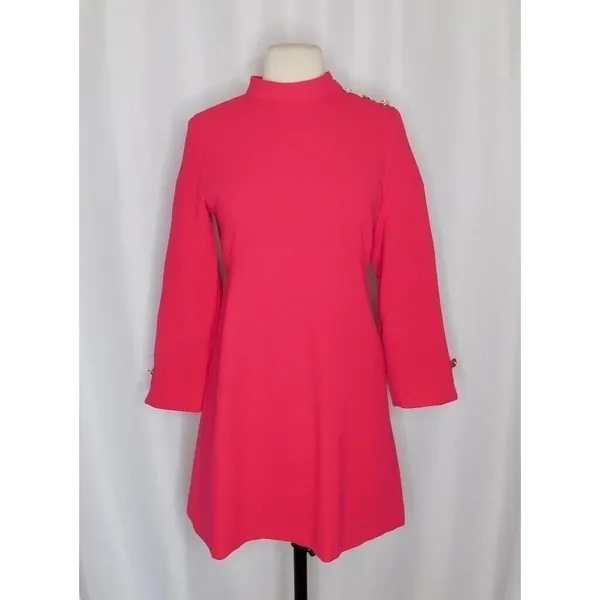 ZARA Mock Neck Mini Dress Gold Buttons Solid Pink Retro Knit Valentine Small - Image 2