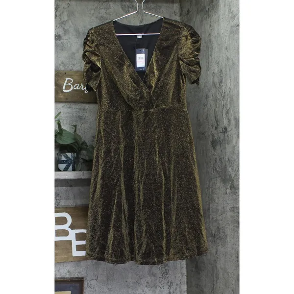 NWT Tommy Hilfiger Puff Ruched Sleeve V Neck Dress A4IK118E Bronze / Black 10 - Image 4