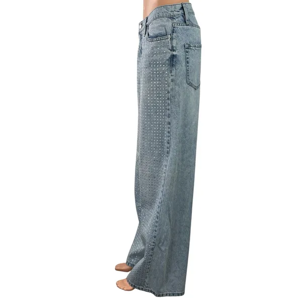 DKNY Women's Blue Light Wash Rhinestone High Rise Wide Leg Baggy Denim Jeans 28 - Image 2